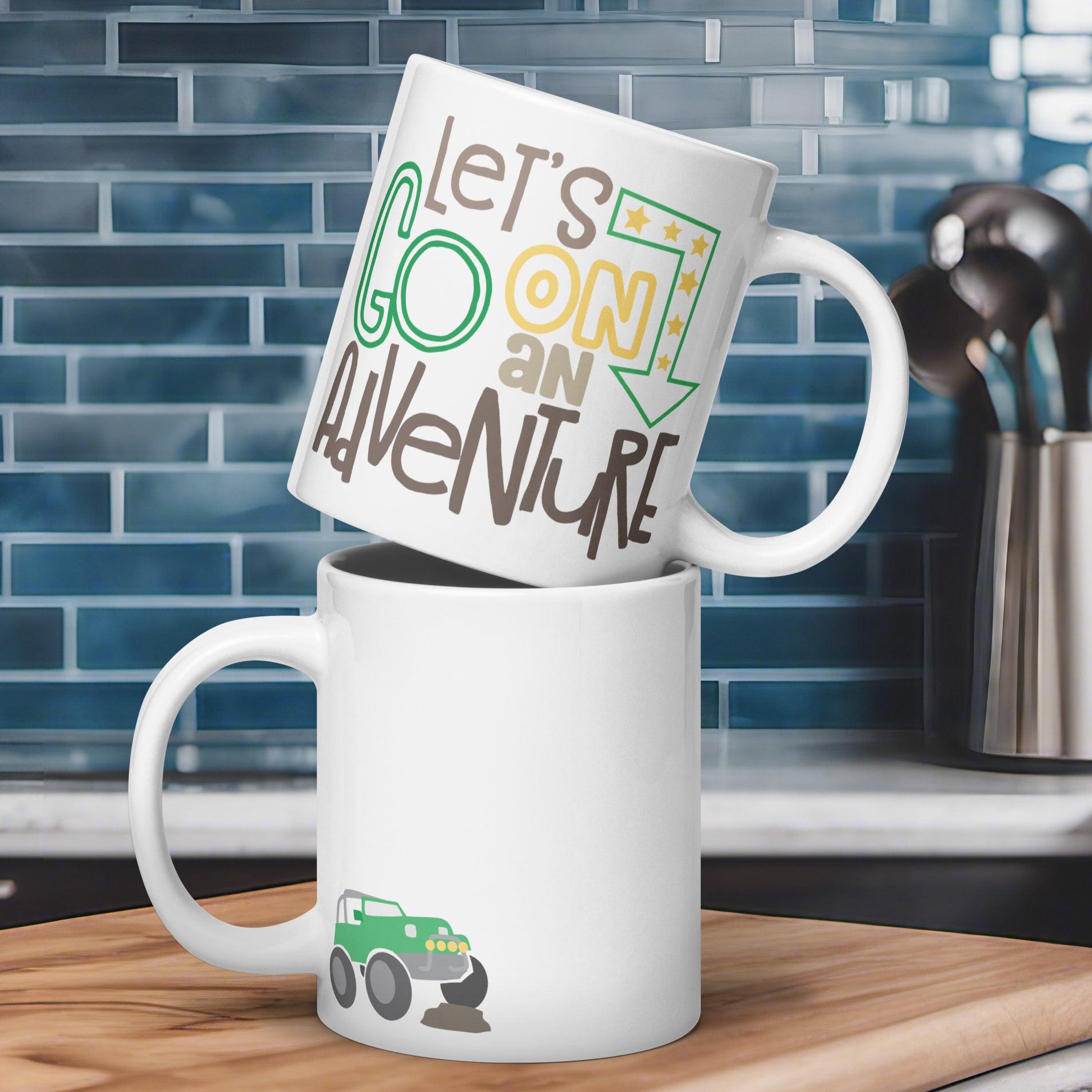 Adventure Awaits: White Glossy Mug with Jeep Expedition Motif - Dorky Doodles