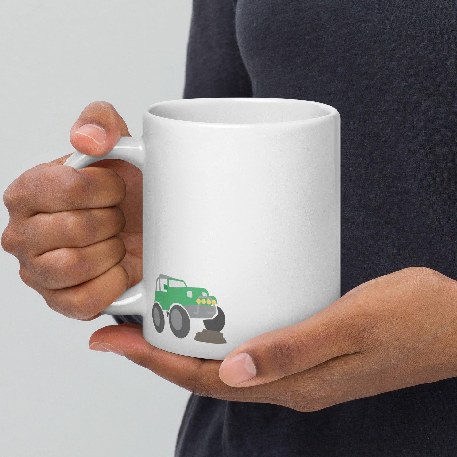 Adventure Awaits: White Glossy Mug with Jeep Expedition Motif - Dorky Doodles