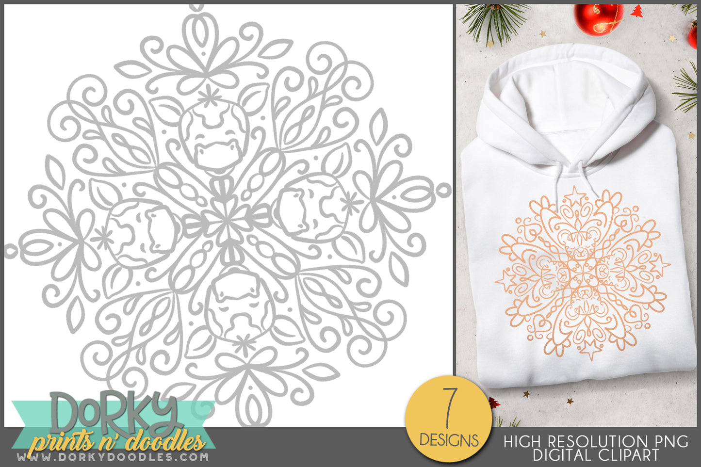 Elegant Snowflakes with Hidden Animals -  Christmas Clipart