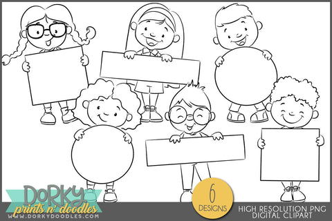 Black and White Kids with Signs for School Clipart - Dorky Doodles