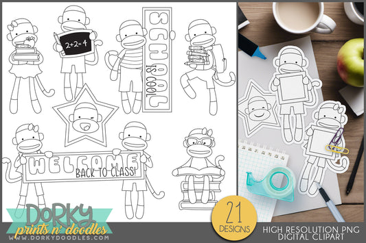 Sock Monkey Classroom Black and White Back to School Clipart