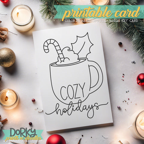 Cozy Holidays Mug - Hand Drawn Christmas Coloring Cards - Printable Holiday Greetings - Instant Download