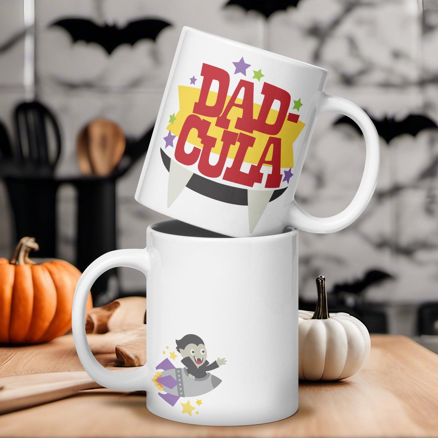 Dad-cula Delight: White Glossy Halloween Mug for Fang-tastic Dads - Dorky Doodles