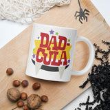 Dad-cula Delight: White Glossy Halloween Mug for Fang-tastic Dads - Dorky Doodles