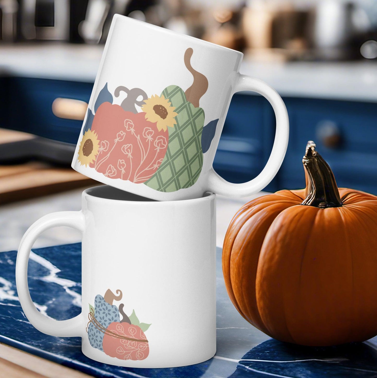 Elegant Harvest: White Glossy Mug with Classy Pumpkin Designs - Dorky Doodles