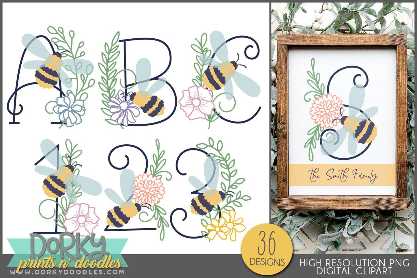 Elegant Honey Bee Alphabet Clipart - Dorky Doodles