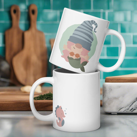 Enchanting Gnome Mermaid: White Glossy Mug with Adorable Ocean Dweller - Dorky Doodles
