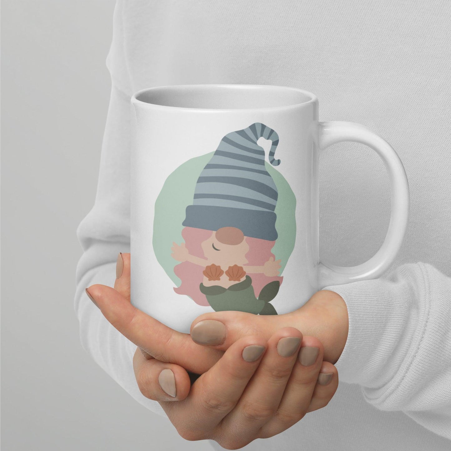 Enchanting Gnome Mermaid: White Glossy Mug with Adorable Ocean Dweller - Dorky Doodles