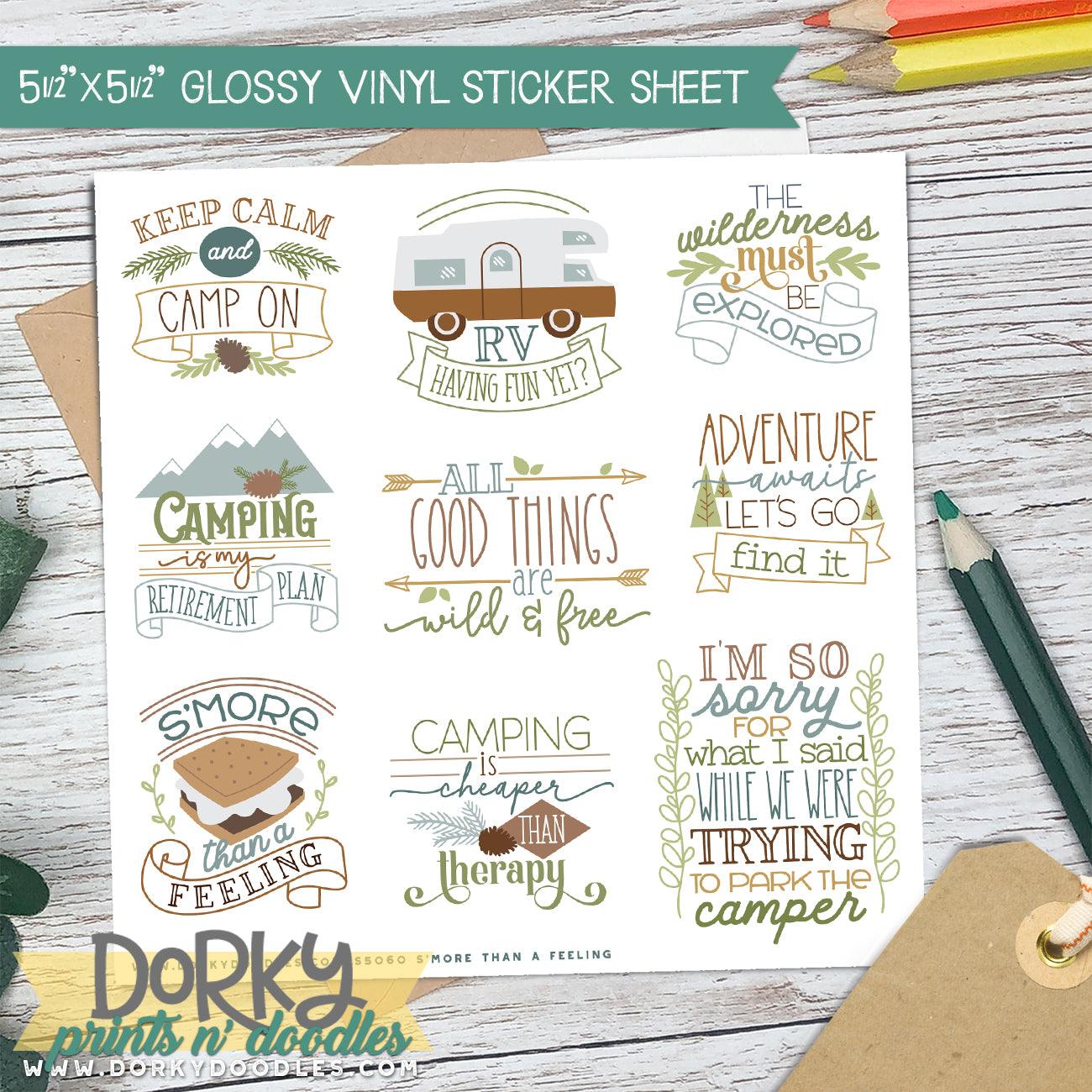 Funny Camping Vinyl Sticker Sheet - Dorky Doodles