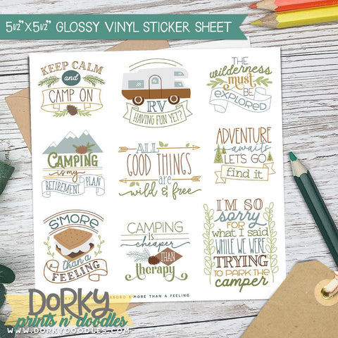 Funny Camping Vinyl Sticker Sheet - Dorky Doodles