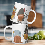 Gnome Lovers Mug: White Glossy Mug with Scottish, Rocker, and Woodsy Gnomes - Dorky Doodles