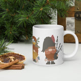 Gnome Lovers Mug: White Glossy Mug with Scottish, Rocker, and Woodsy Gnomes - Dorky Doodles