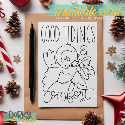 Good Tidings Bird - Hand Drawn Christmas Coloring Cards - Printable Holiday Greetings - Instant Download