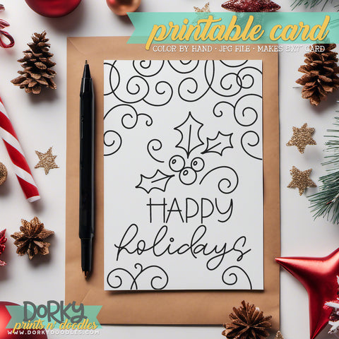 Holiday Holly - Hand Drawn Christmas Coloring Cards - Printable Holiday Greetings - Instant Download