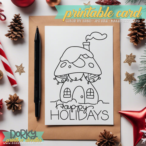 Holiday Mushroom - Hand Drawn Christmas Coloring Cards - Printable Holiday Greetings - Instant Download
