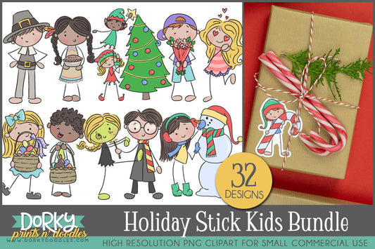 Holiday Stick Kids Clipart Bundle – Christmas, Easter, Halloween, Thanksgiving