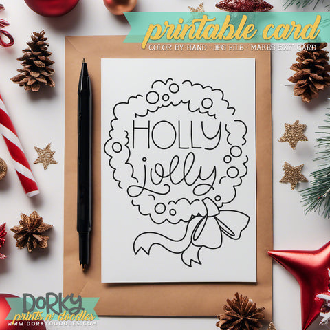 Holly Jolly - Hand Drawn Christmas Coloring Cards - Printable Holiday Greetings - Instant Download