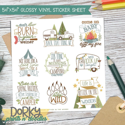 Humorous Camping Vinyl Sticker Sheet - Dorky Doodles