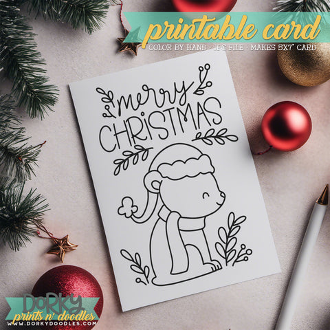 Christmas Bear - Hand Drawn Christmas Coloring Cards - Printable Holiday Greetings - Instant Download