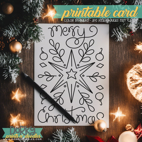 Christmas Star - Hand Drawn Christmas Coloring Cards - Printable Holiday Greetings - Instant Download