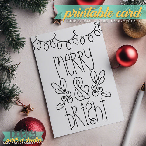Merry and Bright - Hand Drawn Christmas Coloring Cards - Printable Holiday Greetings - Instant Download