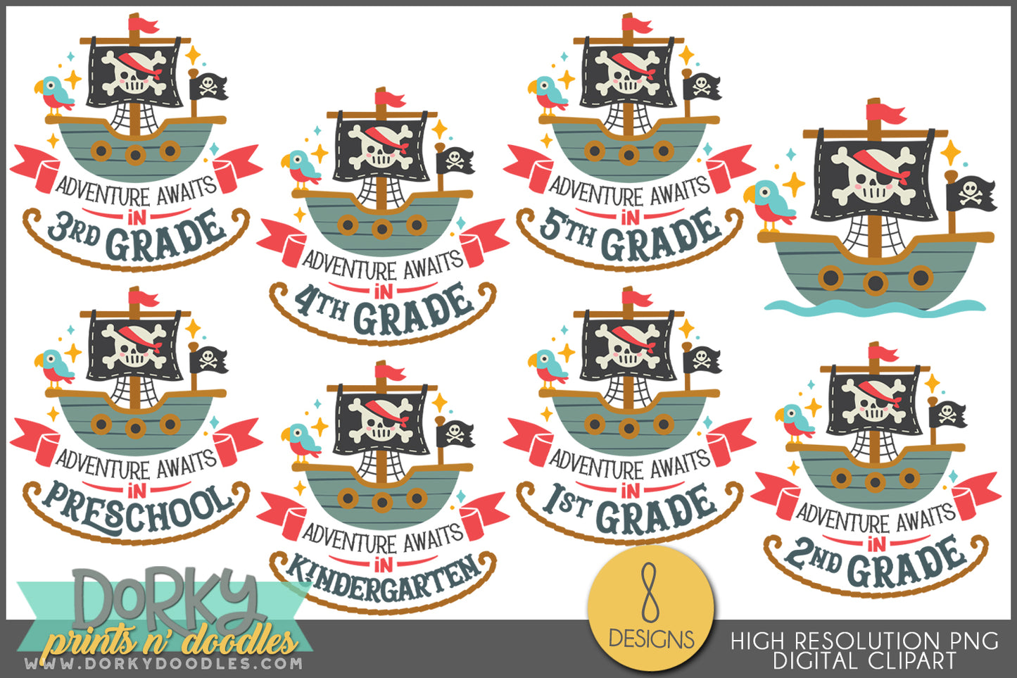 Grade Specific Pirate Adventure Back to School Clipart