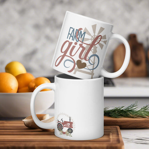 Rustic Elegance: White Glossy Mug with Charming Farm Girl Art - Dorky Doodles