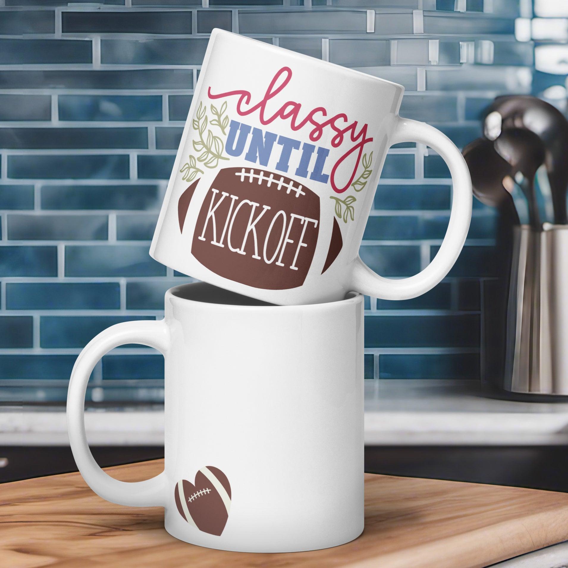 Sophisticated Fan: White Glossy Mug for Classy Women Football Enthusiasts - Dorky Doodles