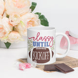 Sophisticated Fan: White Glossy Mug for Classy Women Football Enthusiasts - Dorky Doodles