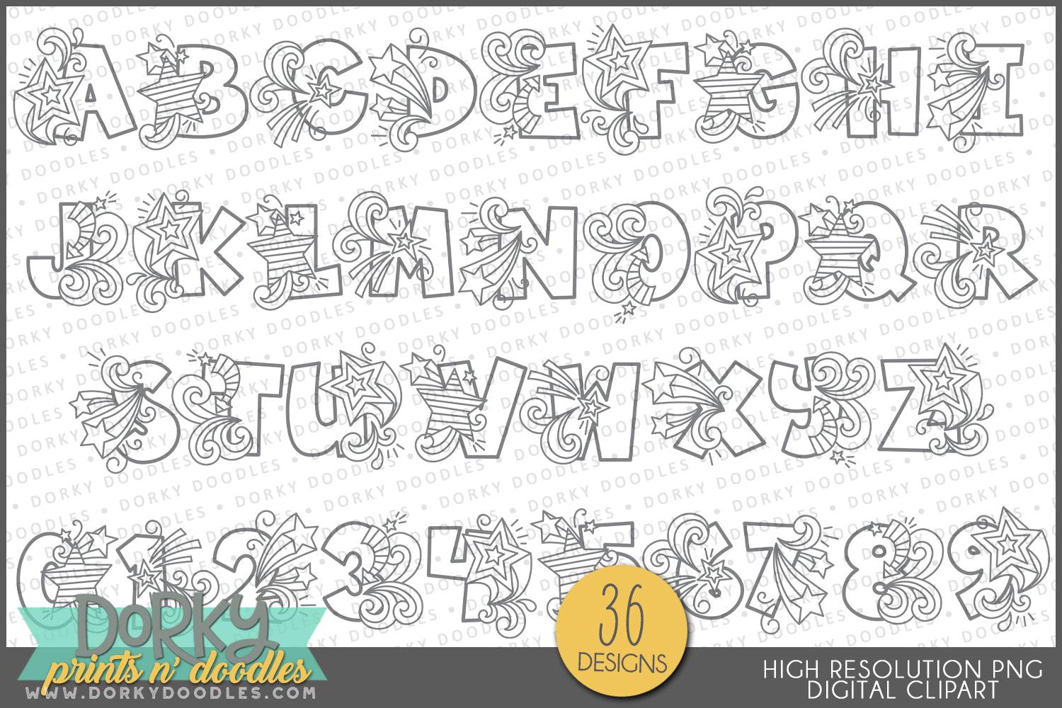 Star Doodle Alphabet Clipart - Dorky Doodles