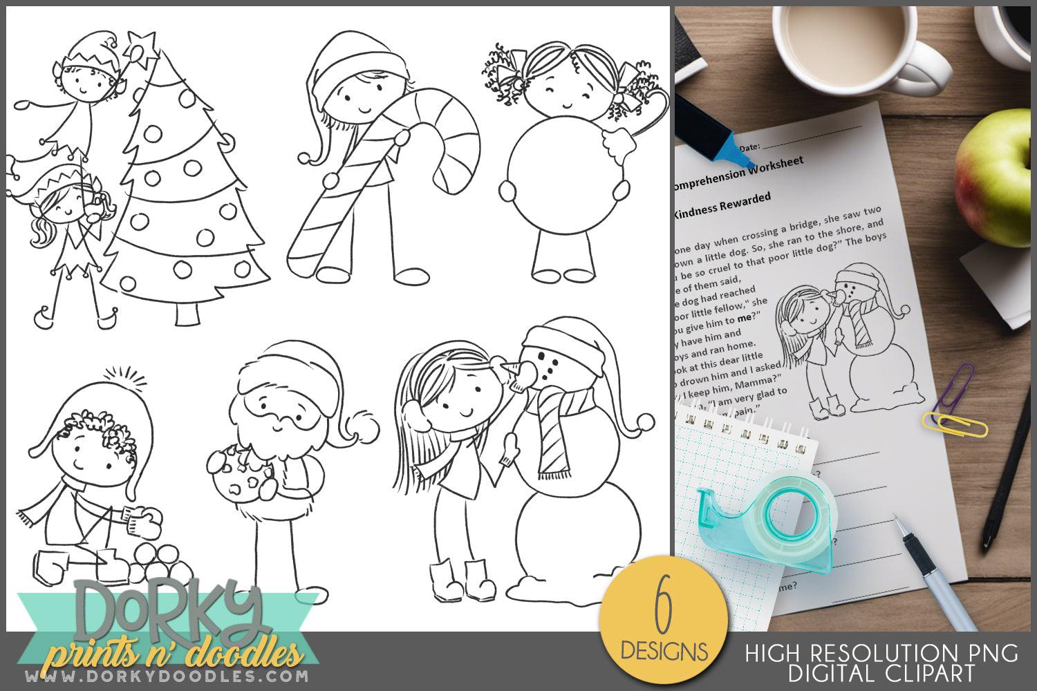 Stick Kids Black and White Christmas Clipart - Dorky Doodles