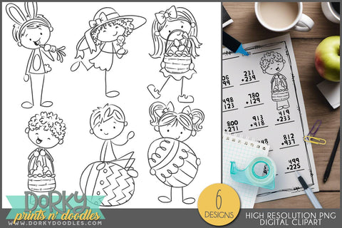 Stick Kids Black and White Easter and Spring Clipart - Dorky Doodles