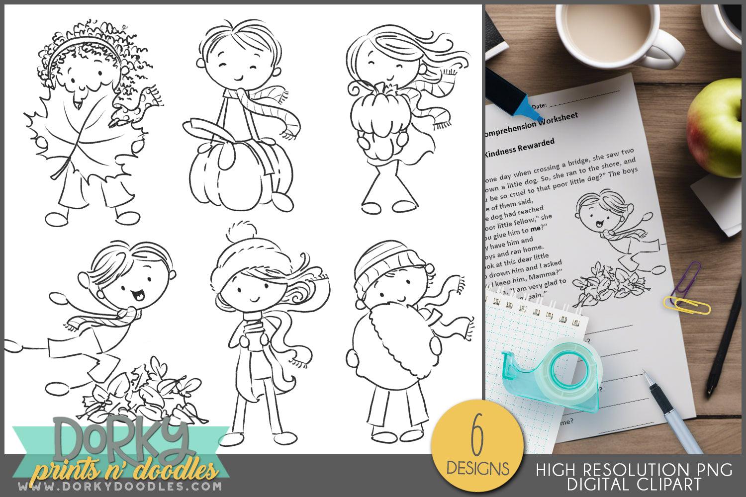 Stick Kids Black and White Fall and Thanksgiving Clipart - Dorky Doodles