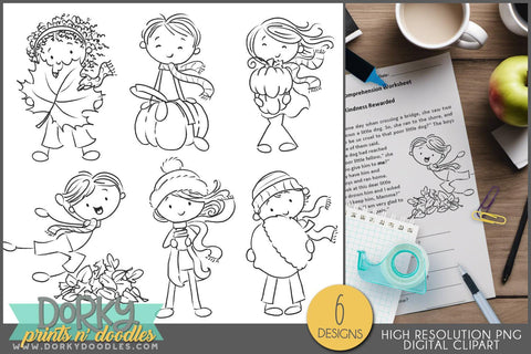 Stick Kids Black and White Fall and Thanksgiving Clipart - Dorky Doodles