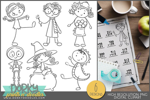 Stick Kids Black and White Halloween Clipart - Dorky Doodles
