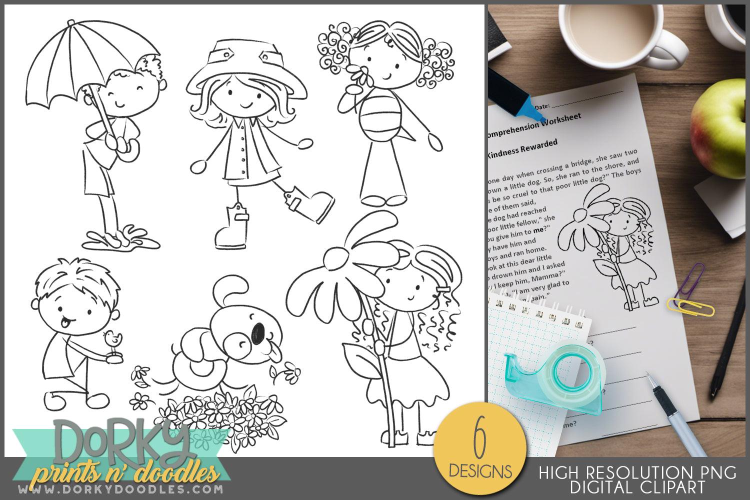 Stick Kids Black and White Spring Clipart - Dorky Doodles