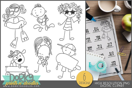 Stick Kids Black and White Summer Clipart - Dorky Doodles