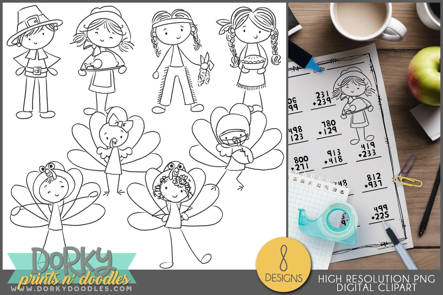 Stick Kids Black and White Thanksgiving Clipart - Dorky Doodles