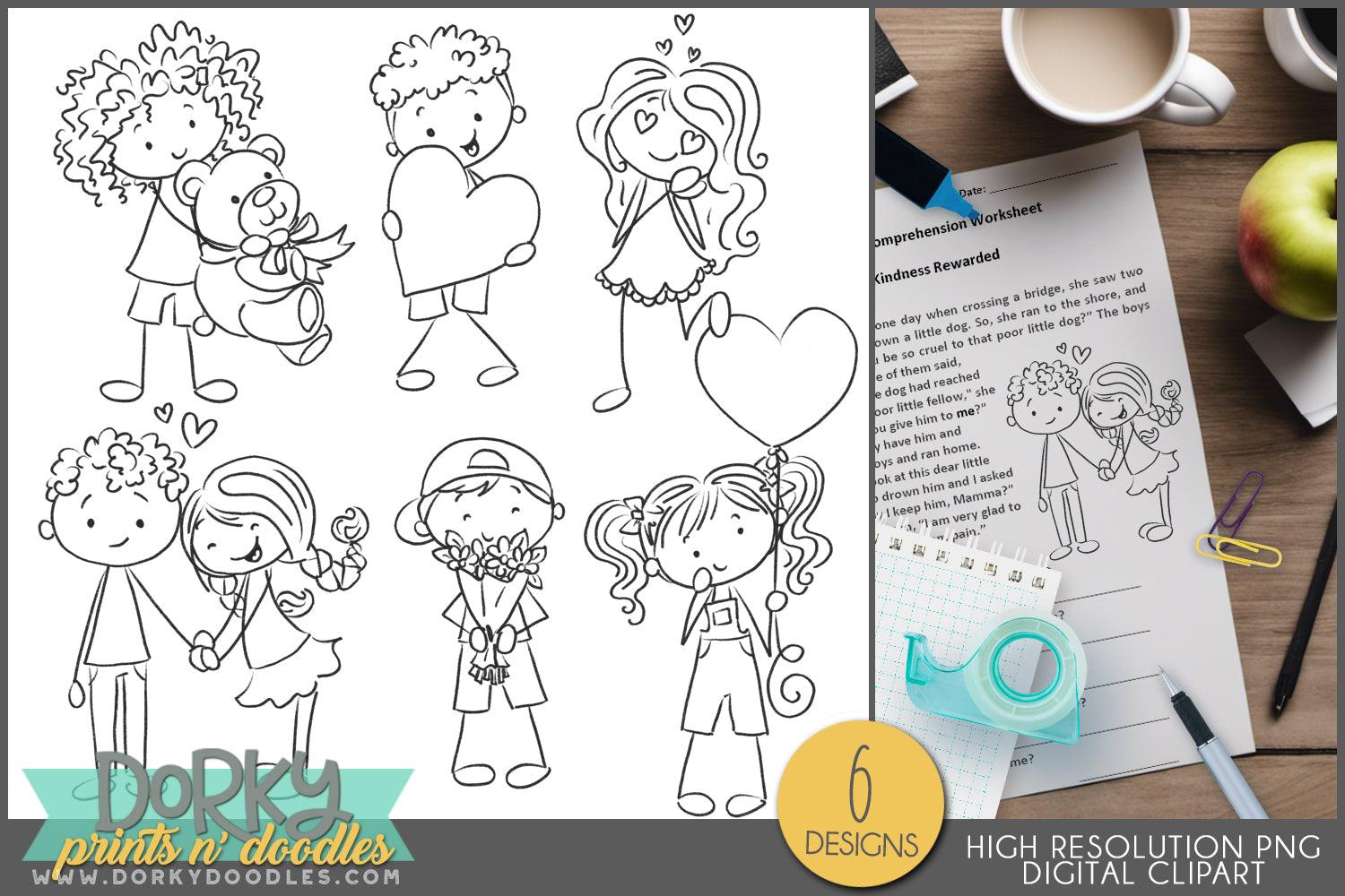 Stick Kids Black and White Valentine Clipart - Dorky Doodles