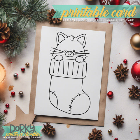 Cat Stocking - Hand Drawn Christmas Coloring Cards - Printable Holiday Greetings - Instant Download