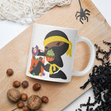 Sugar-Powered Ninja: White Glossy Halloween Mug with a Sweet Twist - Dorky Doodles