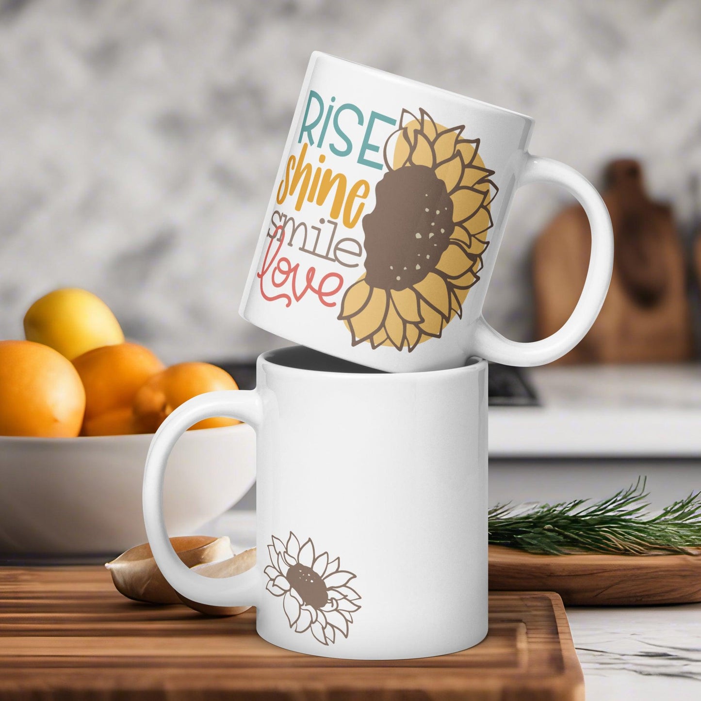 Sunflower Radiance: White Glossy Mug for Bright Days - Dorky Doodles