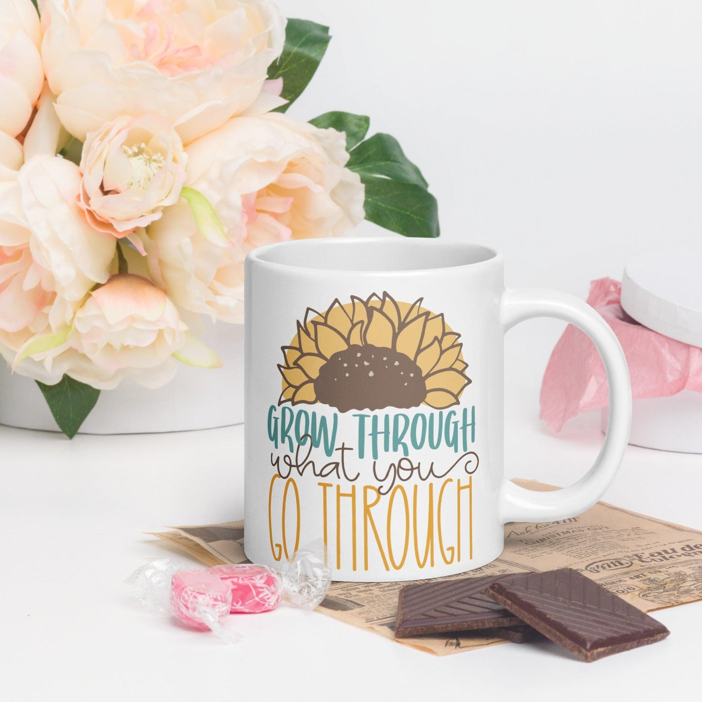 Sunflower Radiance: White Glossy Mug for Brighter Days - Dorky Doodles