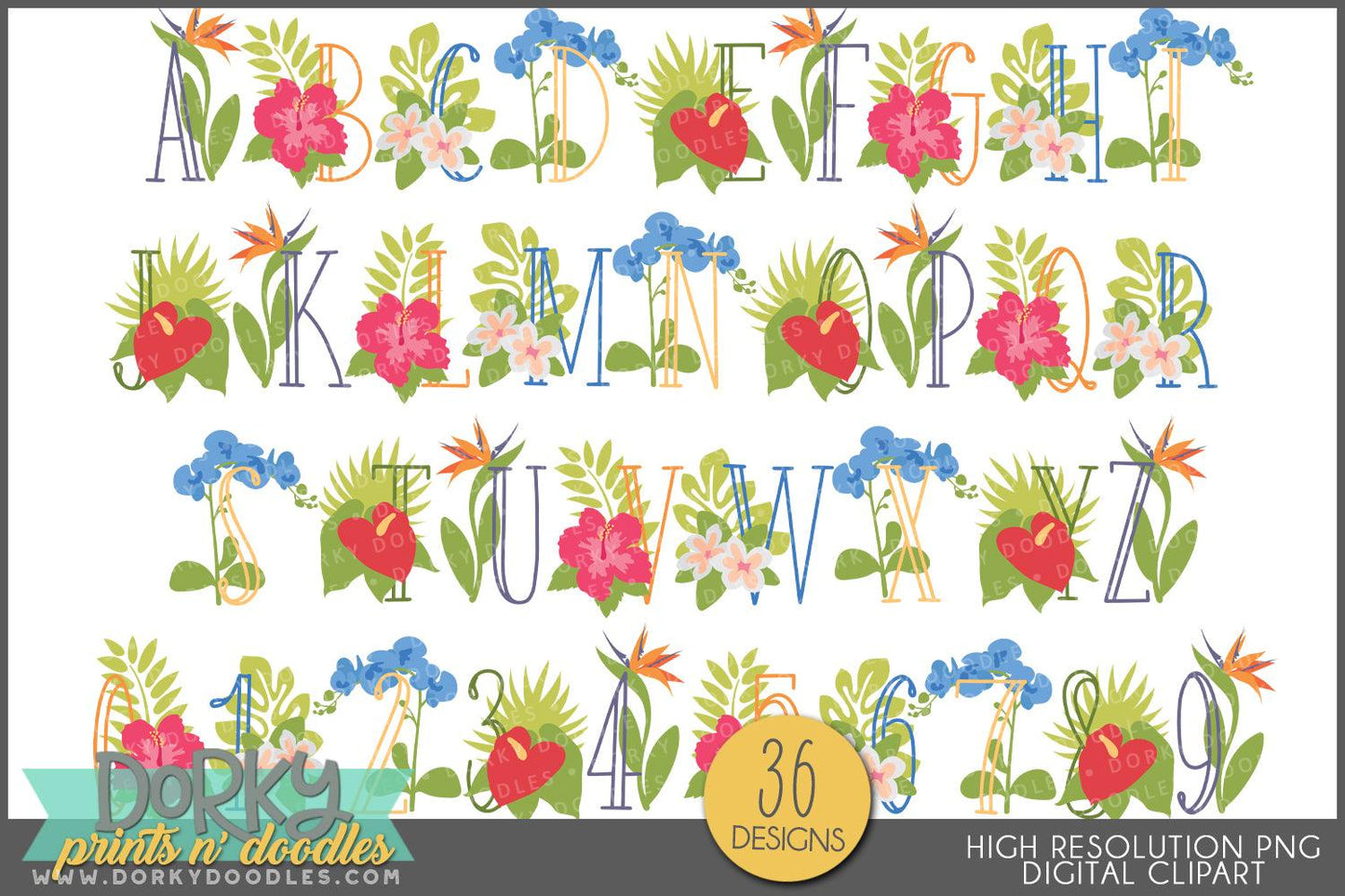 Tropical Flower Alphabet Clipart - Dorky Doodles