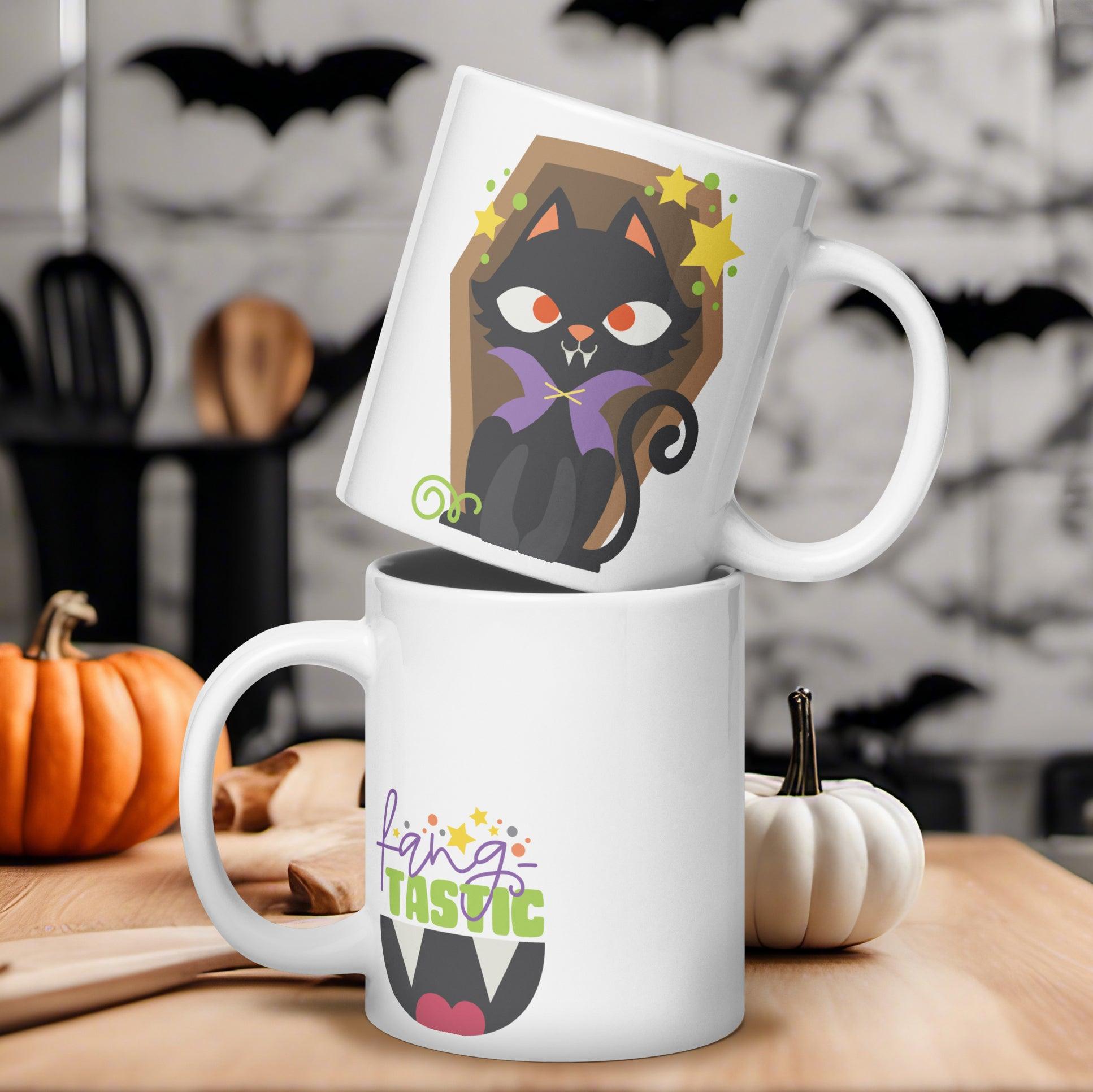 Vampire Cat Delight: White Glossy Mug for a Fang-tastic Halloween - Dorky Doodles