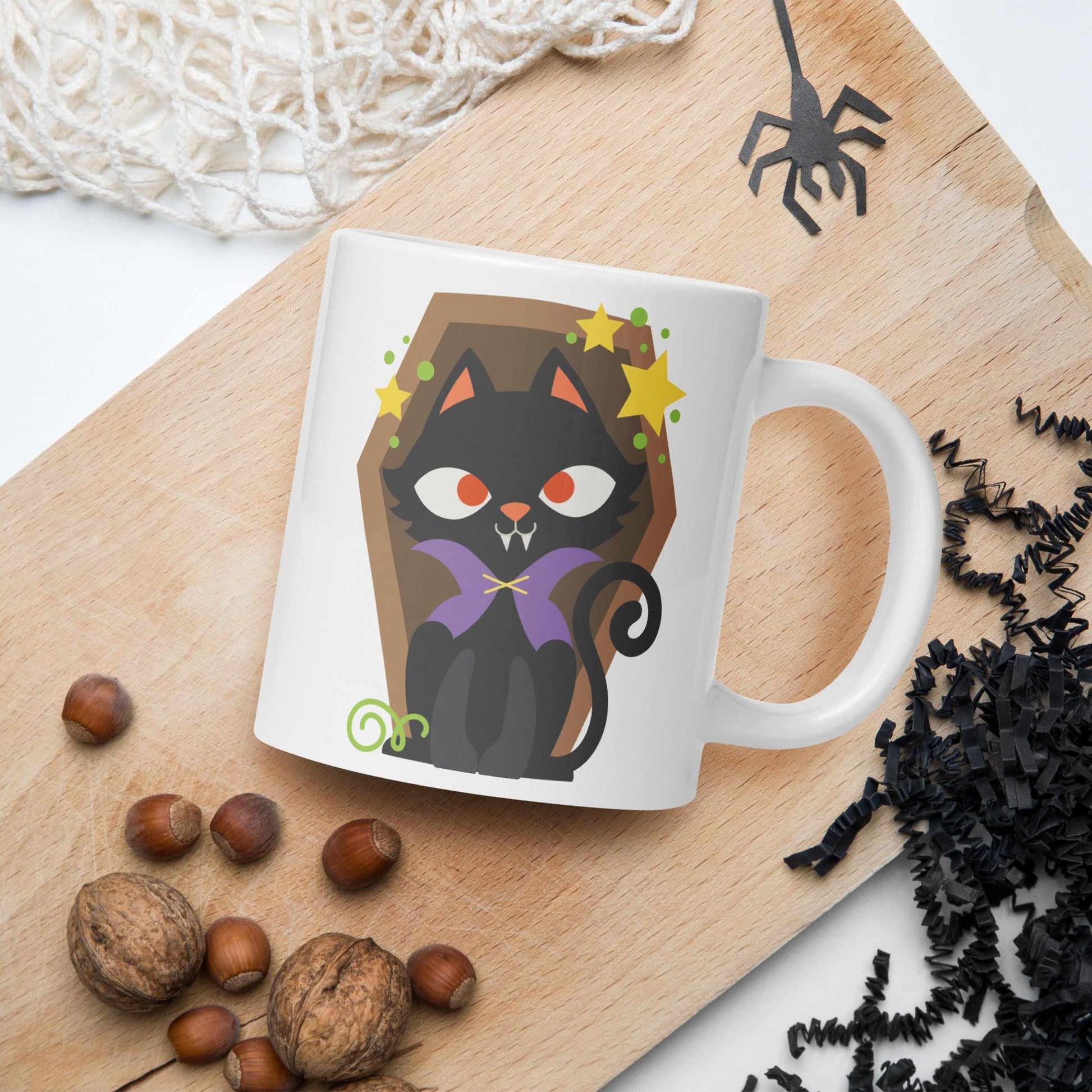 Vampire Cat Delight: White Glossy Mug for a Fang-tastic Halloween - Dorky Doodles