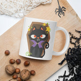Vampire Cat Delight: White Glossy Mug for a Fang-tastic Halloween - Dorky Doodles
