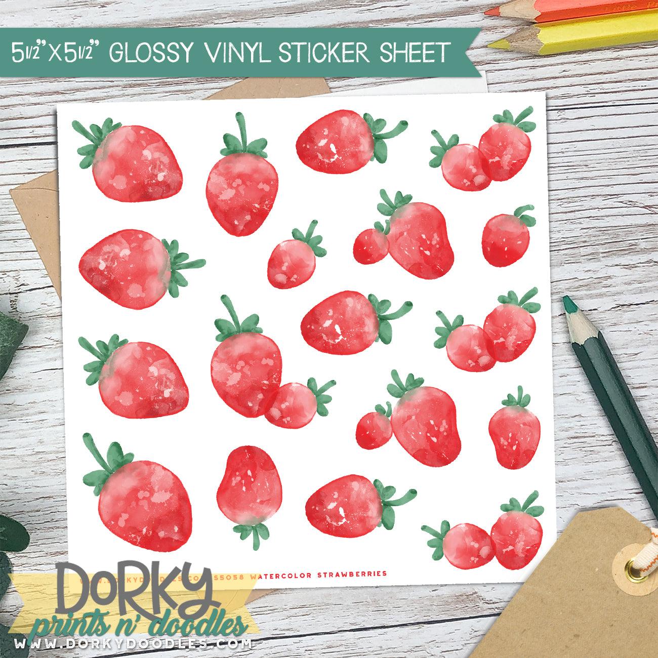 Watercolor Strawberries Vinyl Sticker Sheet - Dorky Doodles