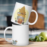 Whimsical Beekeeper: White Glossy Mug with Gnome in Beehive Hat - Dorky Doodles