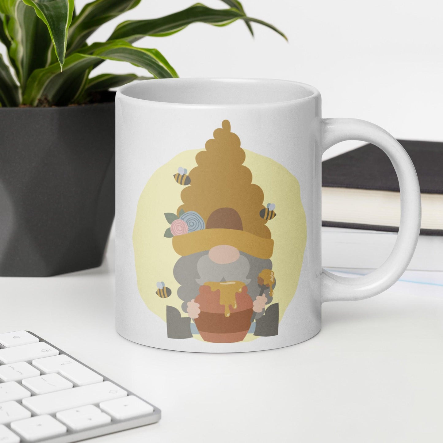 Whimsical Beekeeper: White Glossy Mug with Gnome in Beehive Hat - Dorky Doodles